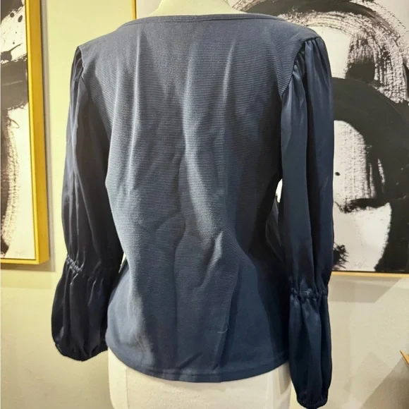 Anthropologie Maeve XL Blue Ribbed Satin Tiered Balloon Sleeve Shirt - Picture 6 of 12